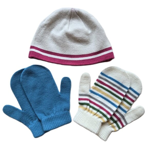 Xhiliration Toddler Knit Beanie White w/ Pink Trim 2 Prs Knit Mittens Blue Multi - Picture 1 of 4